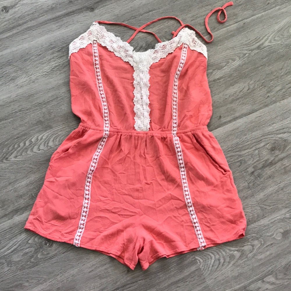 Coral crocheted open back romper